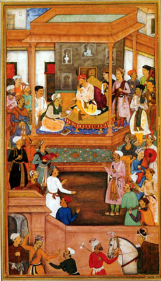 Detail from a Mughal miniature showing Emperor Akbar receiving the Akbar Nama from Abul Fazl. India's political history, traditionally replete with the biographical narratives of the elites, has moved away from such "high politics" to considerations of the politics of marginal groups. Digital image courtesy Wikimedia Commons.